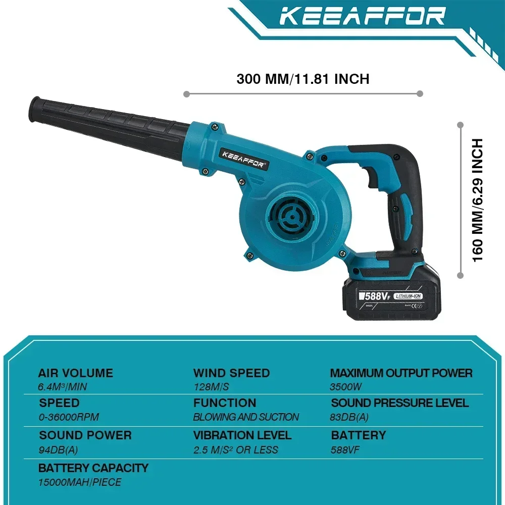 KEEAFFOR 3500W 2 in 1 High-speed Electric Air Blower & Cleaner Cordless Blowing Cleaning Dust Leaf For Makita 18V Battery