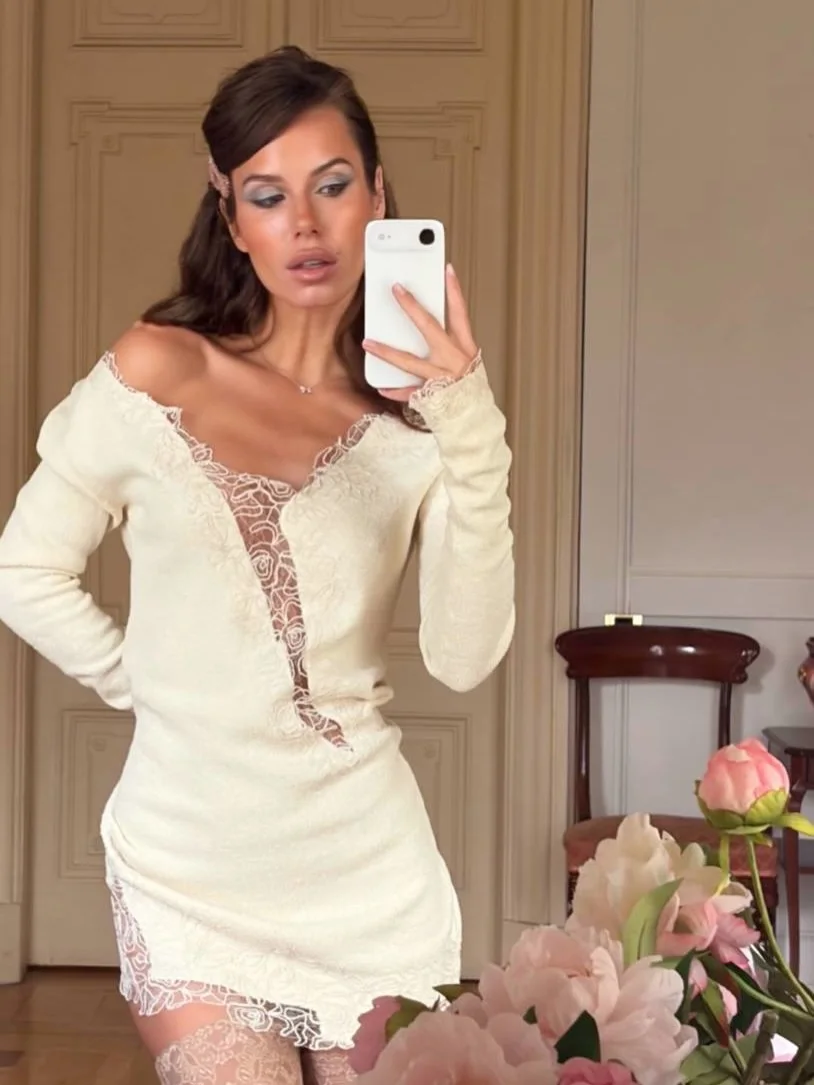 Solid Color Knit Lace Mini Dress V Neck Floral Eyelash Long Sleeve Bodycon Short Robes Women's Street Casual Coquette Gowns 2026