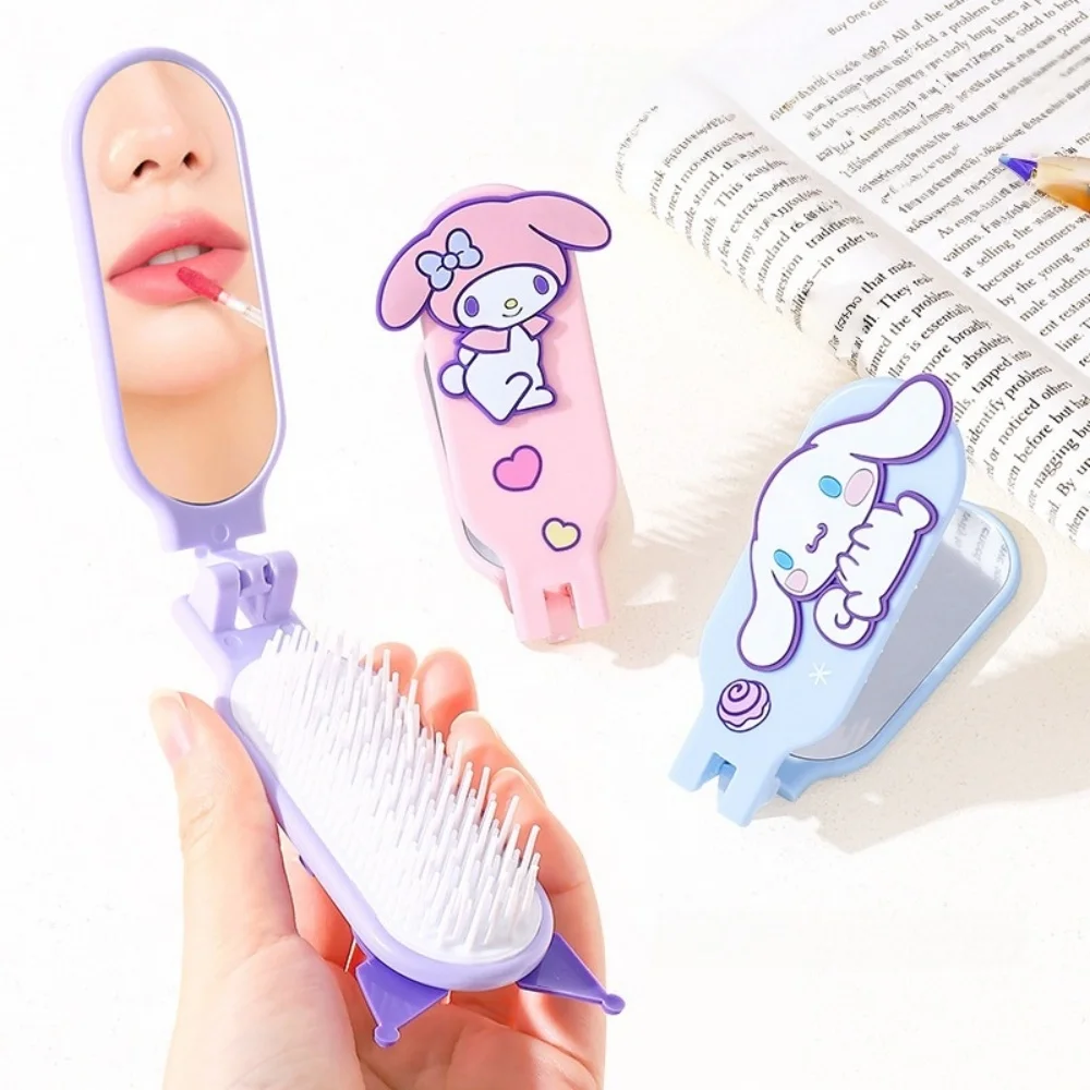 Genuine Sanrio Pocket Hair Comb with Mirror Kawaii Hello Kitty Kuromi My Melody Cinnamoroll Portable Salon Hair Styling Tools