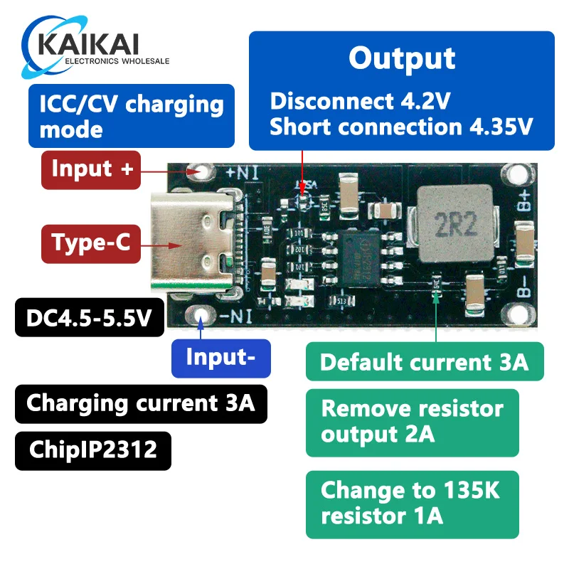 Type-C USB Input High Current 3A Polymer Ternary Lithium Battery Quick Fast Charging Board IP2312 CC/CV Mode 5V To 4.2V