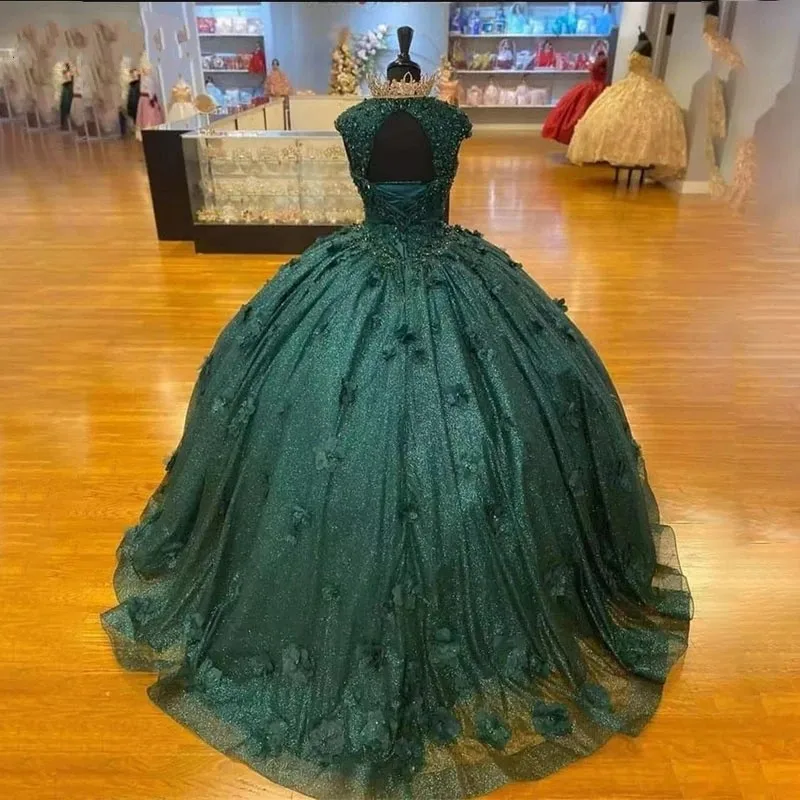 ANGELSBRIDEP Ball Gown Shiny Straps Green Quinceanera Dresses Floral Beading Lace staccabile Vestidos De 15 Anos Party Prom Gown