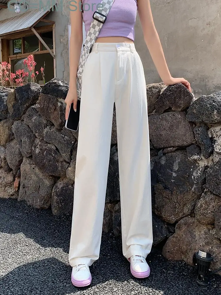 New Purple Wide Leg Pants for Women Streetwear High Waist Straight Korean Fashion Cotton Wash White Bottoms