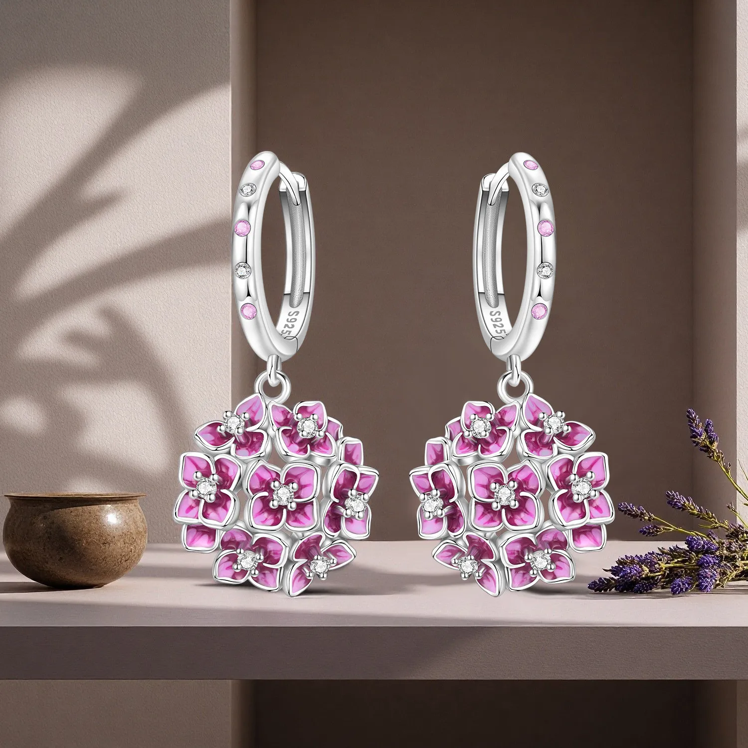 CYCUFF925 Sterling Silver Purple Hydrangea Flowers Earrings Original Jewelry Drop Earrings Jewelry Party Anniversary Gifts