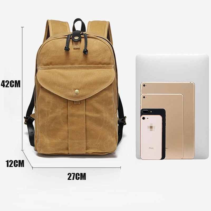 Waxed Canvas Drawstring Backpack Waterproof Vintage Rucksack with Snap Button Flap Pocket Spacious Laptop Compartment Daypack