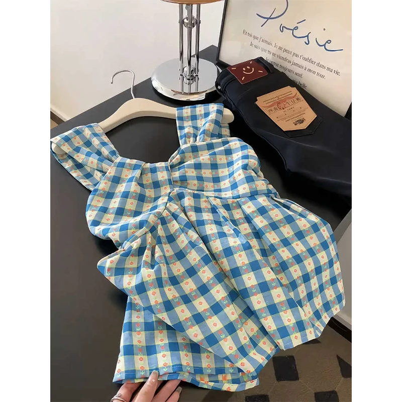 

Женская летняя повседневная блузка-жилет с цветочным принтом, больших размеров, в корейском ретро-стиле, синяя, вдохновленная модой Vaion