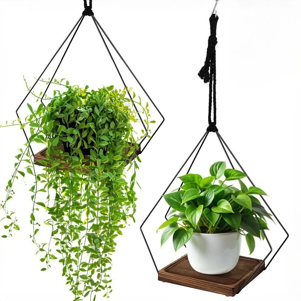 

Hanging Planter Indoor Plant Hanger Metal Wall Planter Aesthetic Home Decor Vertical Garden Holder with Wood Base for Window