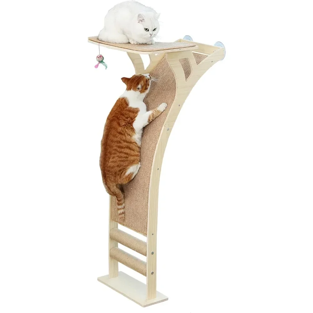 

Подоконная лежанка для кошек с когтеточкой-пандусом, 48-дюймовая лазательная полка на присосках для окна, максимальная нагрузка до 45 фунтов, деревянная лежанка для кошек маленьких размеров.