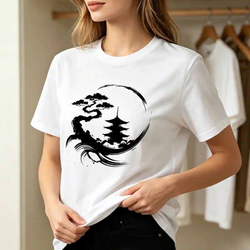Bonsai Tower Moon Japanese Zen T-Shirt Ink Splash Nature Tee Casual Streetwear for Men Women Minimalist Y2k Top Harajuku Cotton