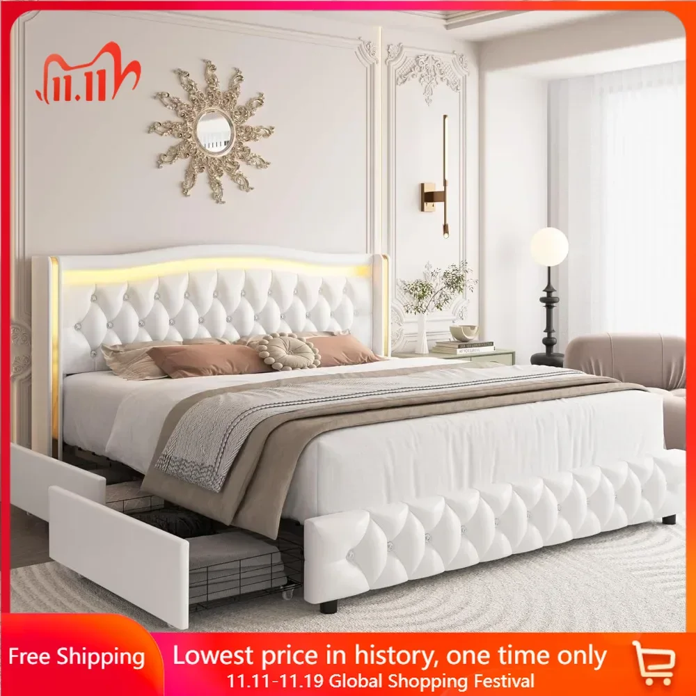 

King Size Bed Frame with 4 Storage Drawers, Button-Tufted & Stainless Gold Trim Wingback Headboard, PU Upholstered Bed Frame