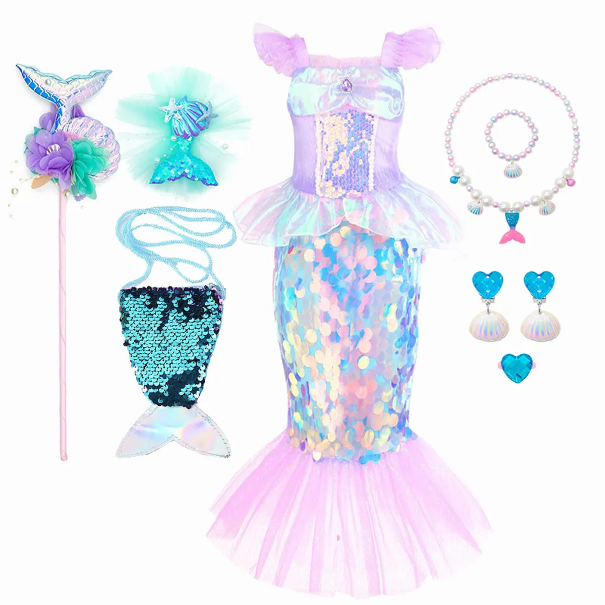 New Little Mermaid Ariel Princess Dress For Girls Short Sleeve Sequins Cosplay Costume Children Carnival Birthday Party Clothes