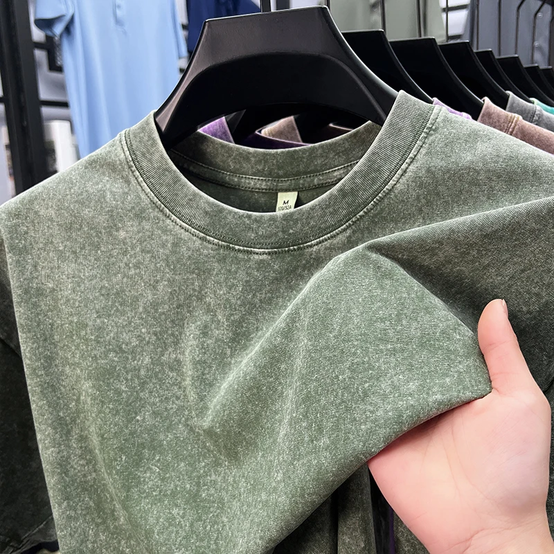 Personality washed vintage short sleeve T-shirt high-end 100% pure cotton men fashion round neck comfort lightweight casual top image 3