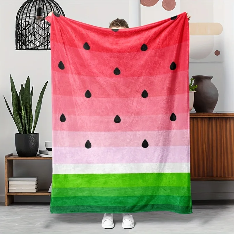 Gradient Watermelon Flannel Throw Blanket, Color Striped Watermelon Seed Print Soft Warm Blanket for Sofa Bedroom Home Decor