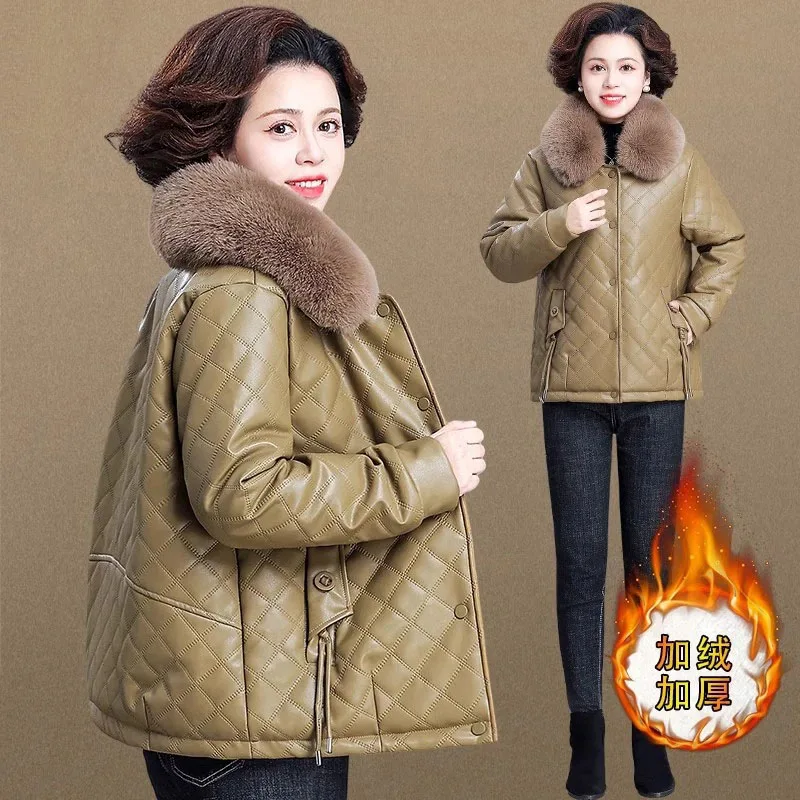 High End Middle Aged Women's Leather Jacket Winter New Thicken Warm Big Fur Collar Faux PU Leather Coat Female Outerwear 5XL