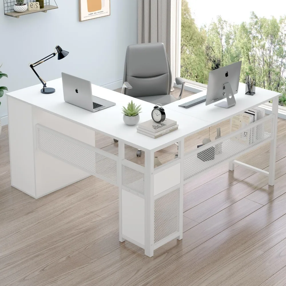 

White L Shaped Corner Desk with Drawers, Reversible Modern L-Shaped Computer Desk with Storage Cabinet Shelves, Large Woo