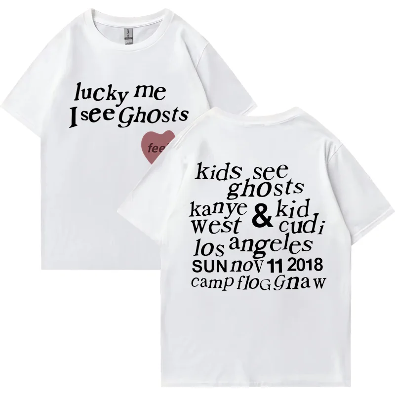 Camiseta de manga corta para hombre y mujer, ropa de calle de gran tamaño, 100% algodón, con estampado de Lucky Me I See Ghosts, Kanye West, Unisex