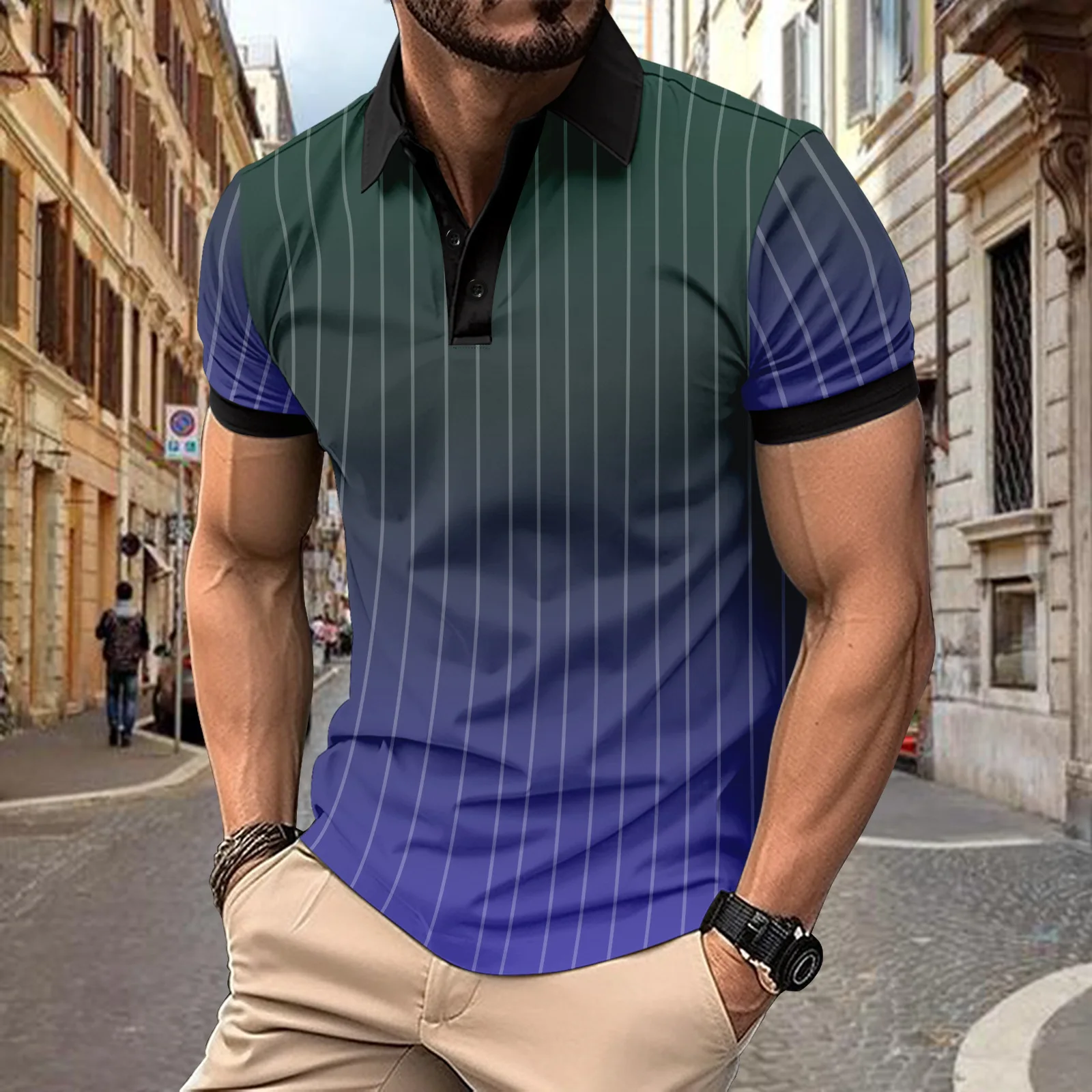 Summer 2024 casual POLO print striped lapel T-shirt for men