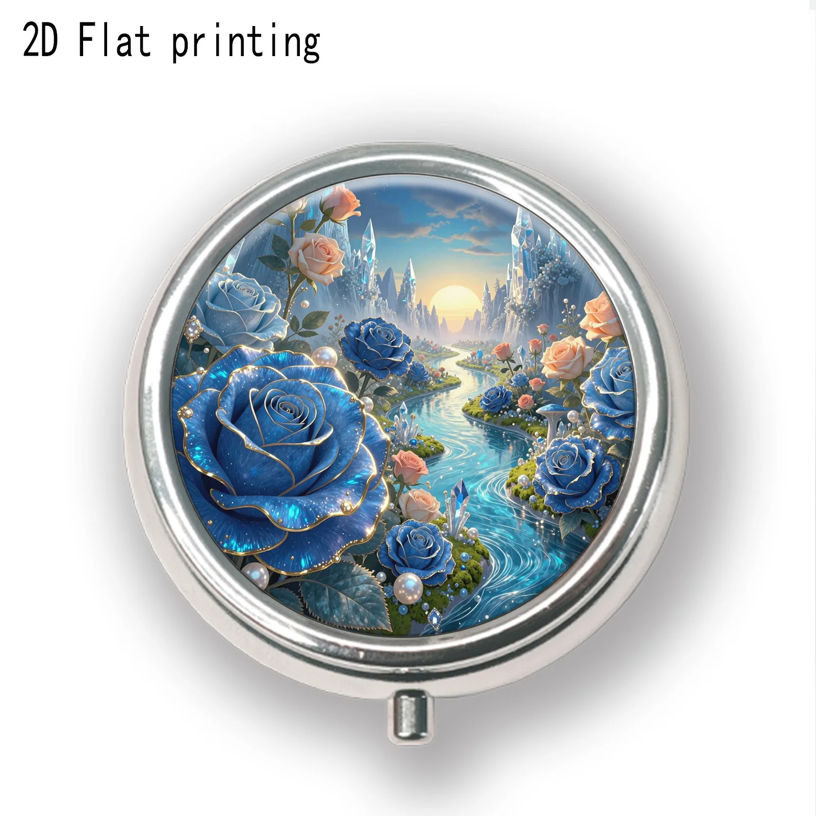 Single-piece packaging, two-dimensional flat print, rose fantasy landscape pattern, vitamin storage box, three-compartment design, practical and portable, suitable for all seasons, personal medication organizer. Compact jewelry box, two-dimensional flat print