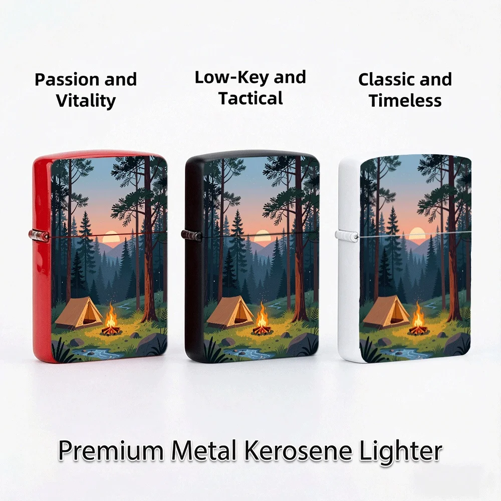Flip Top Lighter Forest Camping Tent Bonfire Sunset Mountain Outdoor Nature Art Pattern lighters vintage lighters for smokers