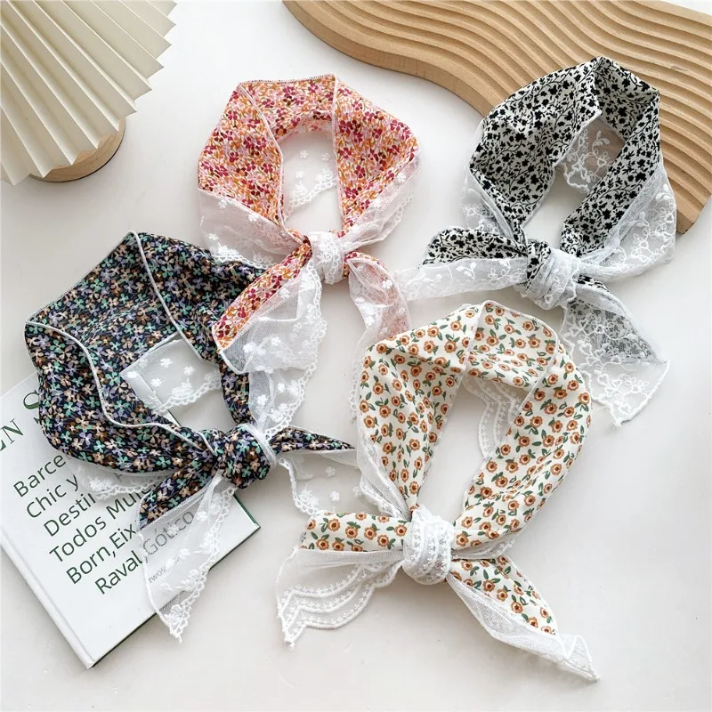 Sweet Beige Lace Trim Floral Triangle Scarf Multi Functional Headband Hair Tie Neck Scarf Decorative Accessory for Daily Outfits