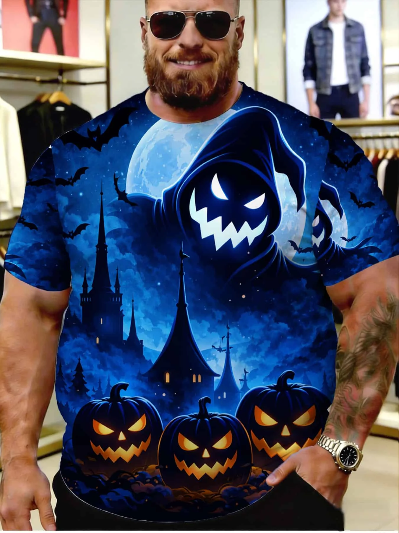 Men Short Sleeve T‑Shirt 3D Ghost Pumpkin Castle Moon Bat Print Halloween Gothic Night Scene Casual Party Top