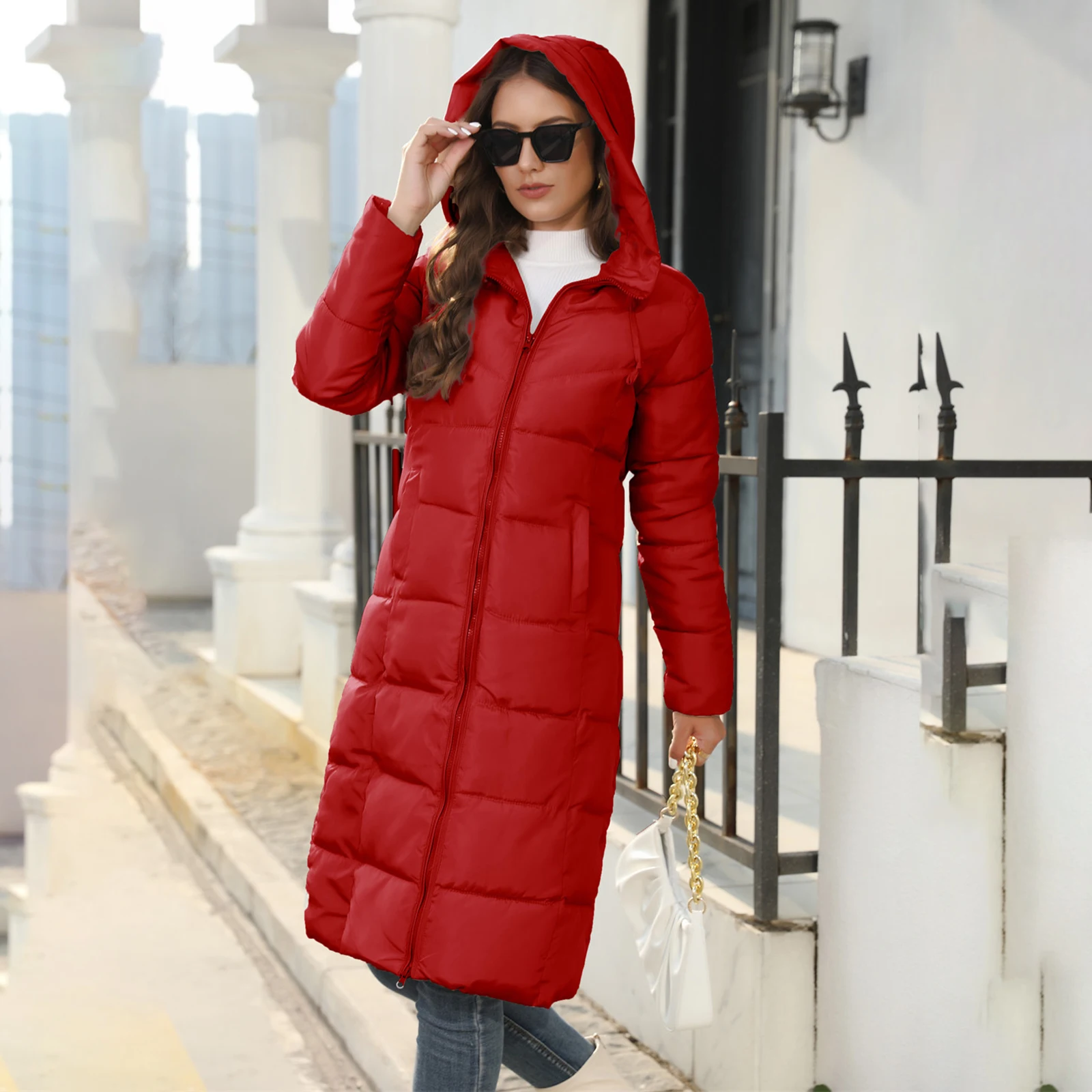 Women\'s Long Puffer Jacket Winter Warm Quilted Coat Long Sleeve Zip Up Outwear with Hood Casual Outfits Streetwear Autumn