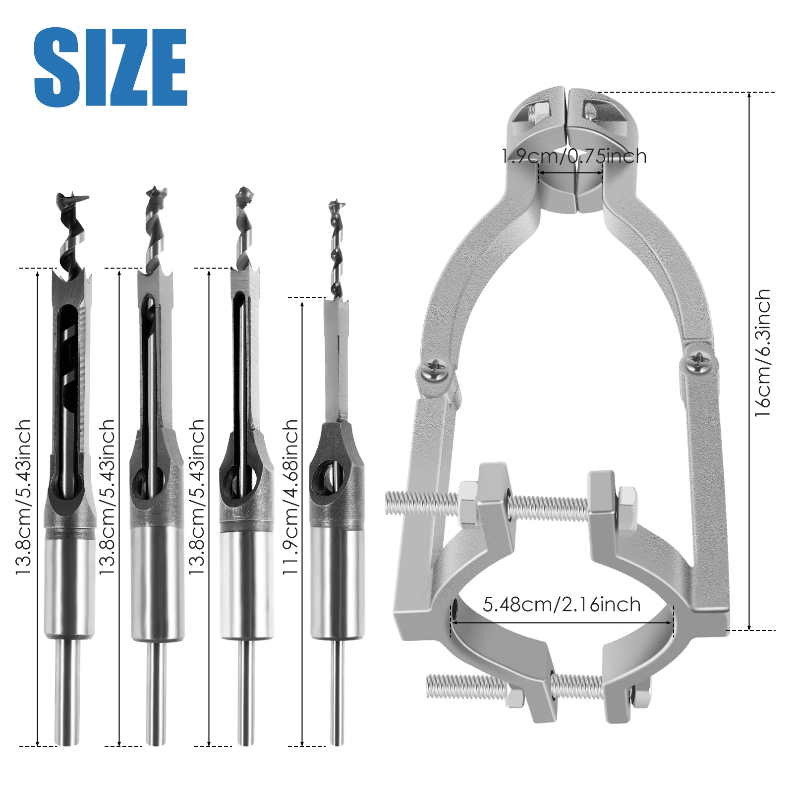 Square Hole Drill Bit Adapter Carbide Square Hole Drill Wiht Fixing Bracket Woodworking Mortising Chisel Kit for Bench Drill