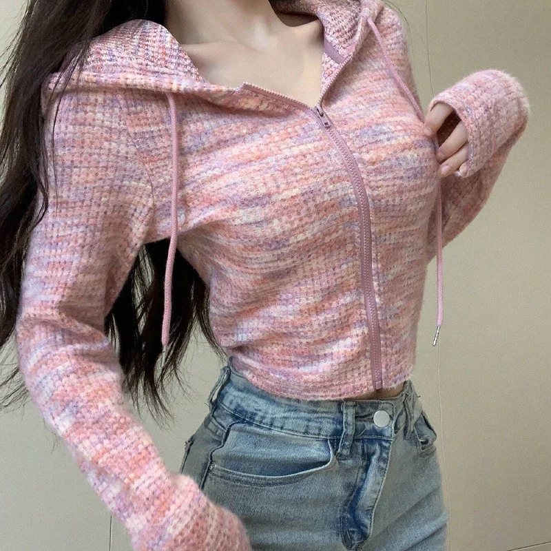 Korean Top  Women's Hooded Jacket for Women Long Sleeve Zipper Coat Casual Loose Outerwear Y2K Trendy Athletic  Pullover Jacket