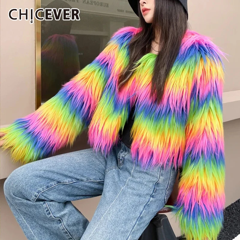 

CHICEVER Colorblock Loose High Street Spliced Fur Coat for Wome Round Neck Long Sleeves Short Jackets Female Winter Clothing New