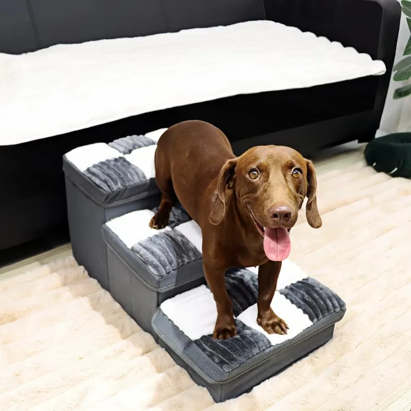 Luxury chessboard handmade 3-step dog staircase with storage and apartment top step foldable dog bed space