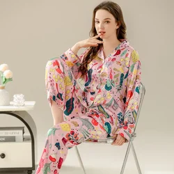 Women's Pajamas Sets Spring Autumn 2 Piece Print Pyjama Faux Silk Satin Sleepwear Long Sleeve Pijama Mujer Pjs Homewear