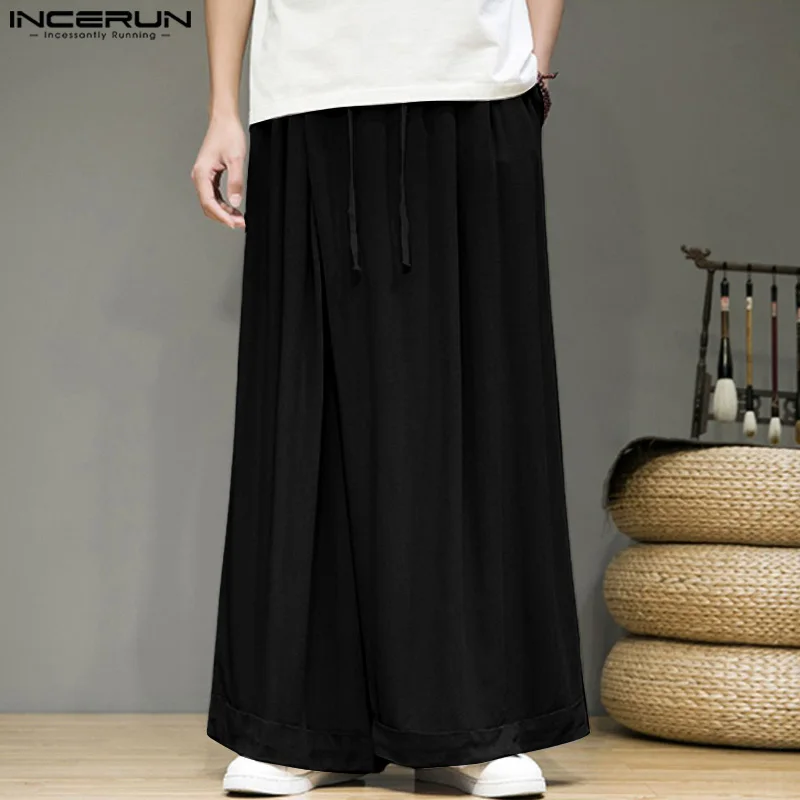 INCERUN Korean Style Pants Men's Retro Cotton Linen Straight Leg Wide Leg Trousers Casual Streetwear Male Hot Selling Pantalons