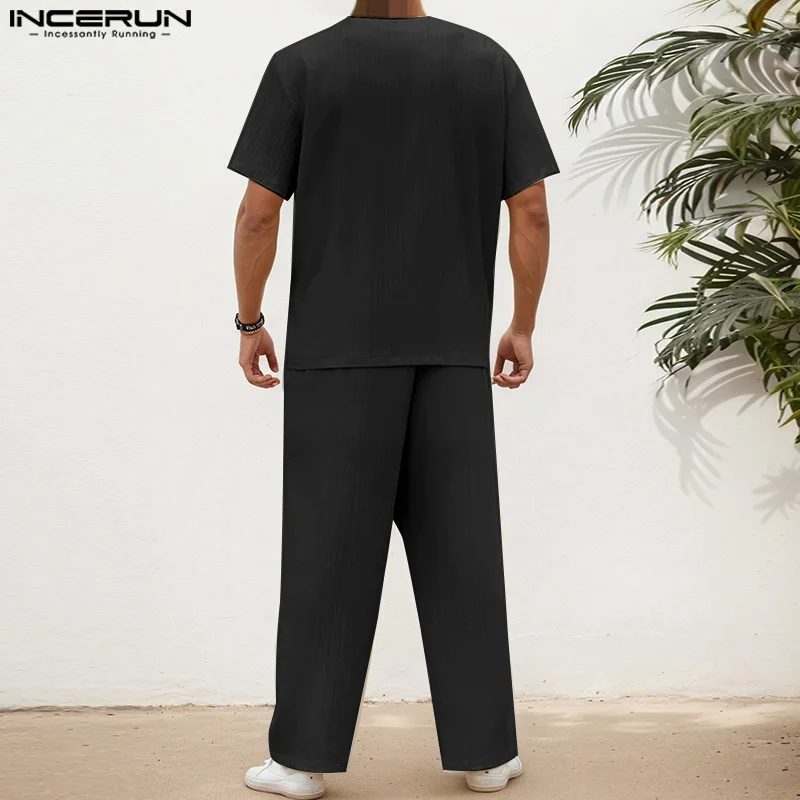 

INCERUN Men Sets Solid Color V Neck Short Sleeve T Shirt & Pants Two Pieces Sets Summer Streetwear 2025 Loose Fashion Men Suits