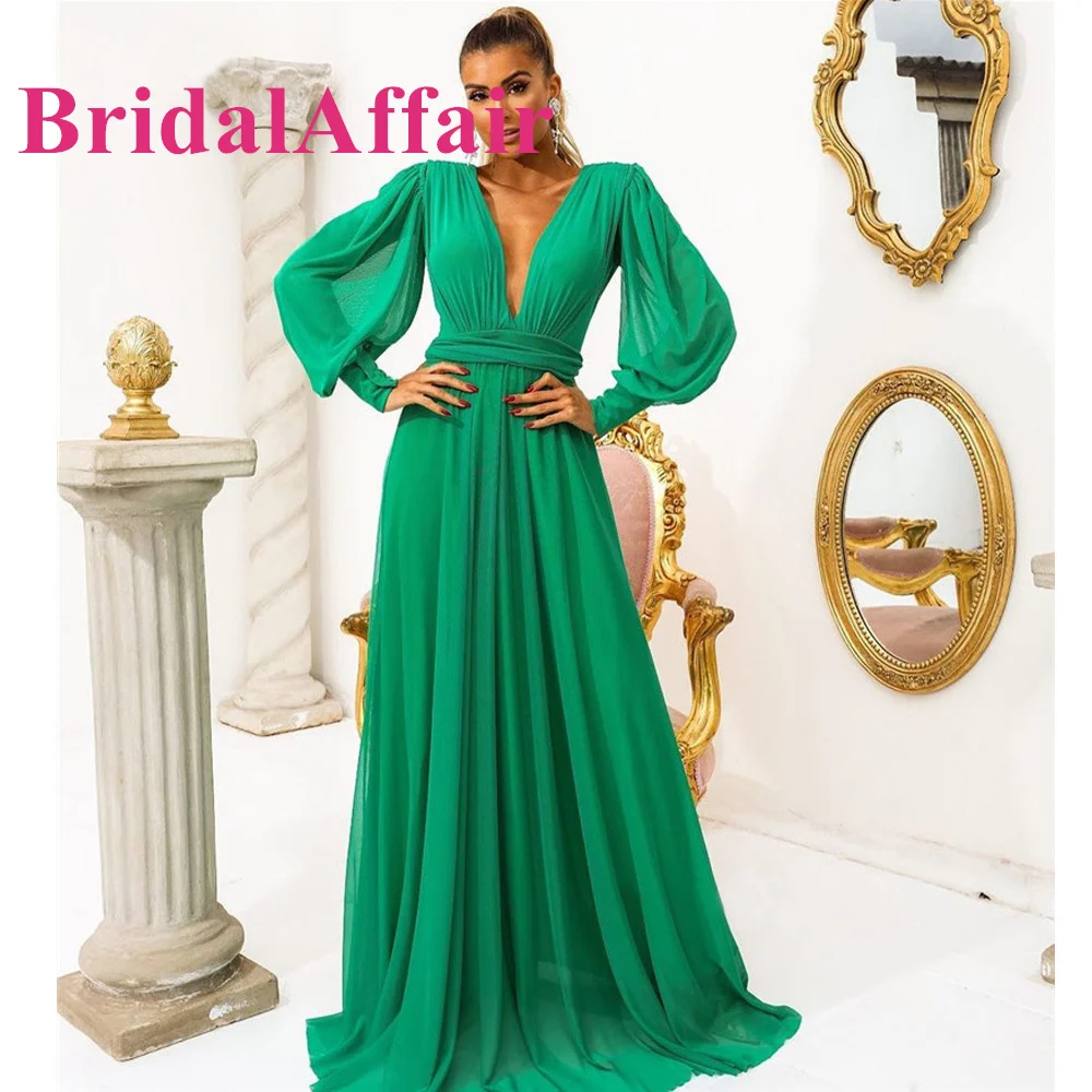 

BridalAffair Simple Green Chiffon Prom Dresses Puffy Long Sleeves V Neck Floor Length Beach Party Evening Dress Robe de soiree