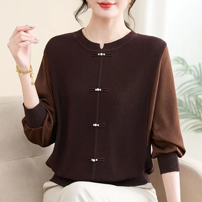 

Spring and Autumn New Long Sleeve Knitted Sweater Versatile Middle Aged and Elderly Women's Clothing Temperament Bottom Coat Top