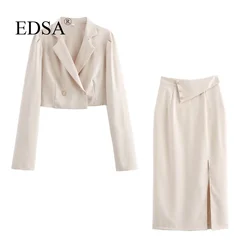 EDSA Woman 2 Pcs Skirt Set Cropped Blazer Jacket with Double Breasted + Straight Midi Skirts for Office Lady