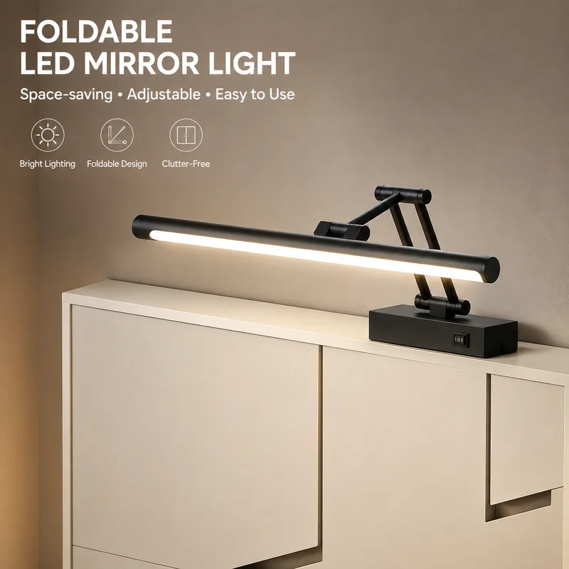 LED Mirror Light Motion Sensor Cabinet Top Mount Folding Extendable Bathroom Vanity Lamp Metal EyeSafe Illumination for Home Use