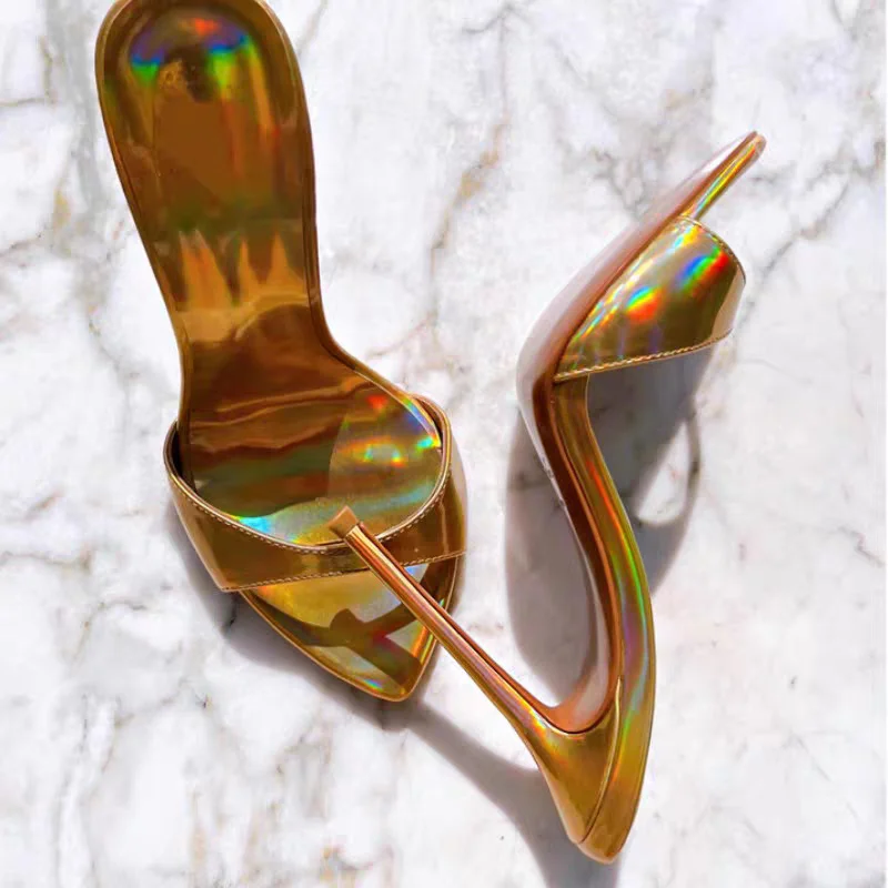 Glossy Colorful mixed colors open pointed toe 12cm super high thin heels slip on outdoor sexy women sandals LX035