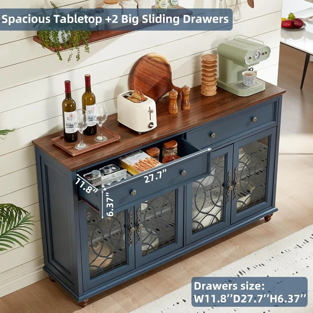 Bauernhaus-Sideboard-Buffetschrank mit Stauraum, 59 große Credenza mit 4 Glastüren und 2 Schubladen, verstellbare Regale, Konsolentisch