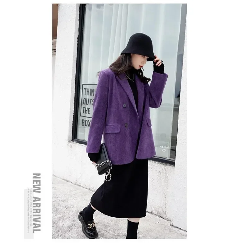 Autumn New Purple Corduroy Suit Jacket Women Spring Autumn Thick Woolen Blazer Coat Vintage High Quality Office Lady Outwear