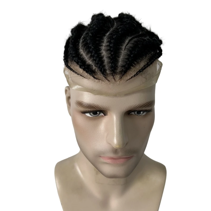 قطع شعر بشري عذراء برازيلية # 1B ضفائر كورنو سوداء اللون الحرير مع قاعدة الدانتيل الأمامي الشعر المستعار 8x10 وحدة الحرير للرجال #5