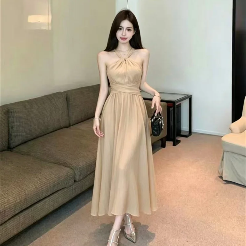 

Summer 2026 Mid-Length Belted Waist Slimming Dress Hanging Neck Strap Korean Style Commute High Waist A-Line Skirt H-Shape