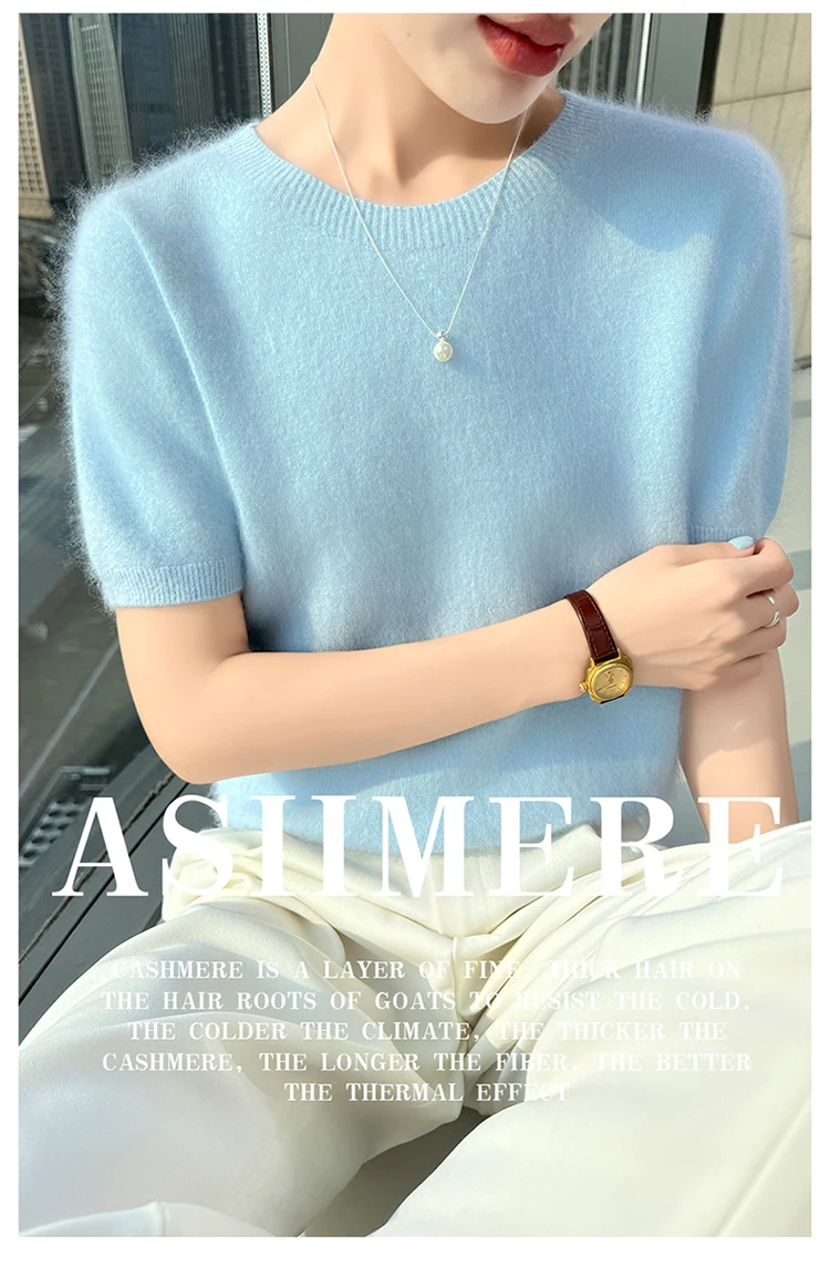 Neuer gestrickter Damen-Pullover aus 100 % Nerz-Kaschmir mit kurzen Ärmeln, einfacher und vielseitiger Damen-Pullover mit O-Ausschnitt der Marke FRSEUCAG – Detail 6