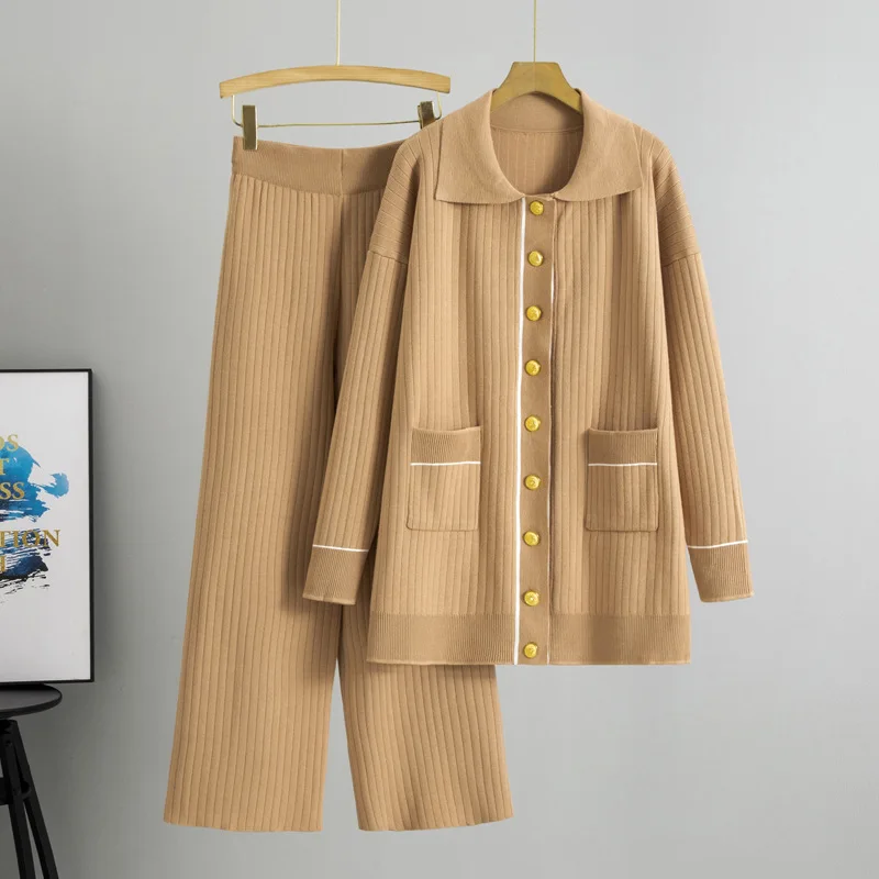 Greenora Minimalist Old Money Matching Set Women Knit Cardigan Wide Leg Pants Two Piece Set Fall Autumn