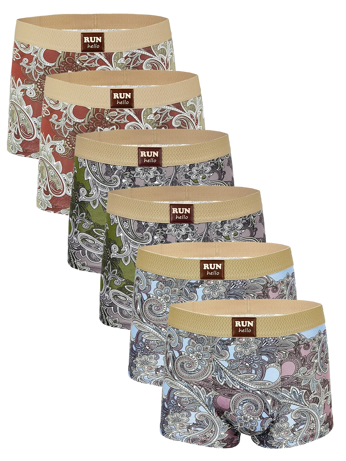 

Men's 6-Pack Cotton Boxer Briefs - "RUN hello" Logo Waistband, Paisley Pattern Assorted Color Underwear Set