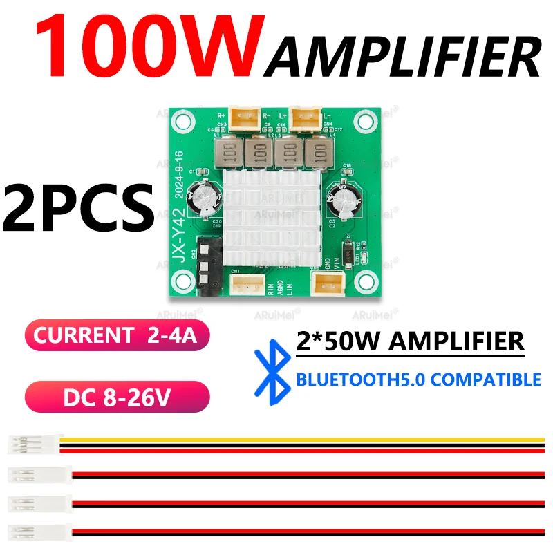 2PCS 2x50W Bluetooth 5.0 Amplifier Kit with Black Case & Remote, DC 8-26V Wide Voltage for Car Home
