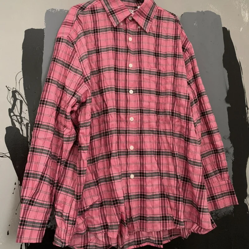 

Fashion European Oversized Rose Red Paris Our Legacy Shirts Cotton Breathable Plaid Wrinkled Bubble Long Sleeve Men Women Tops