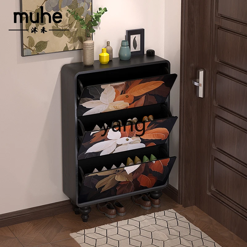LTT  mid-ancient style solid wood ultra-thin tipping bucket shoe cabinet entrance home storage storage integrated cabinet