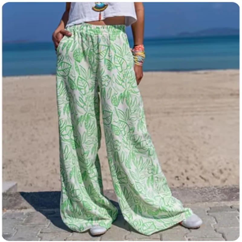 

4 Colors Printed Pocket Pants Women's Wide Leg Trousers Casual Beach Vacation Summer Straight Leg Pants