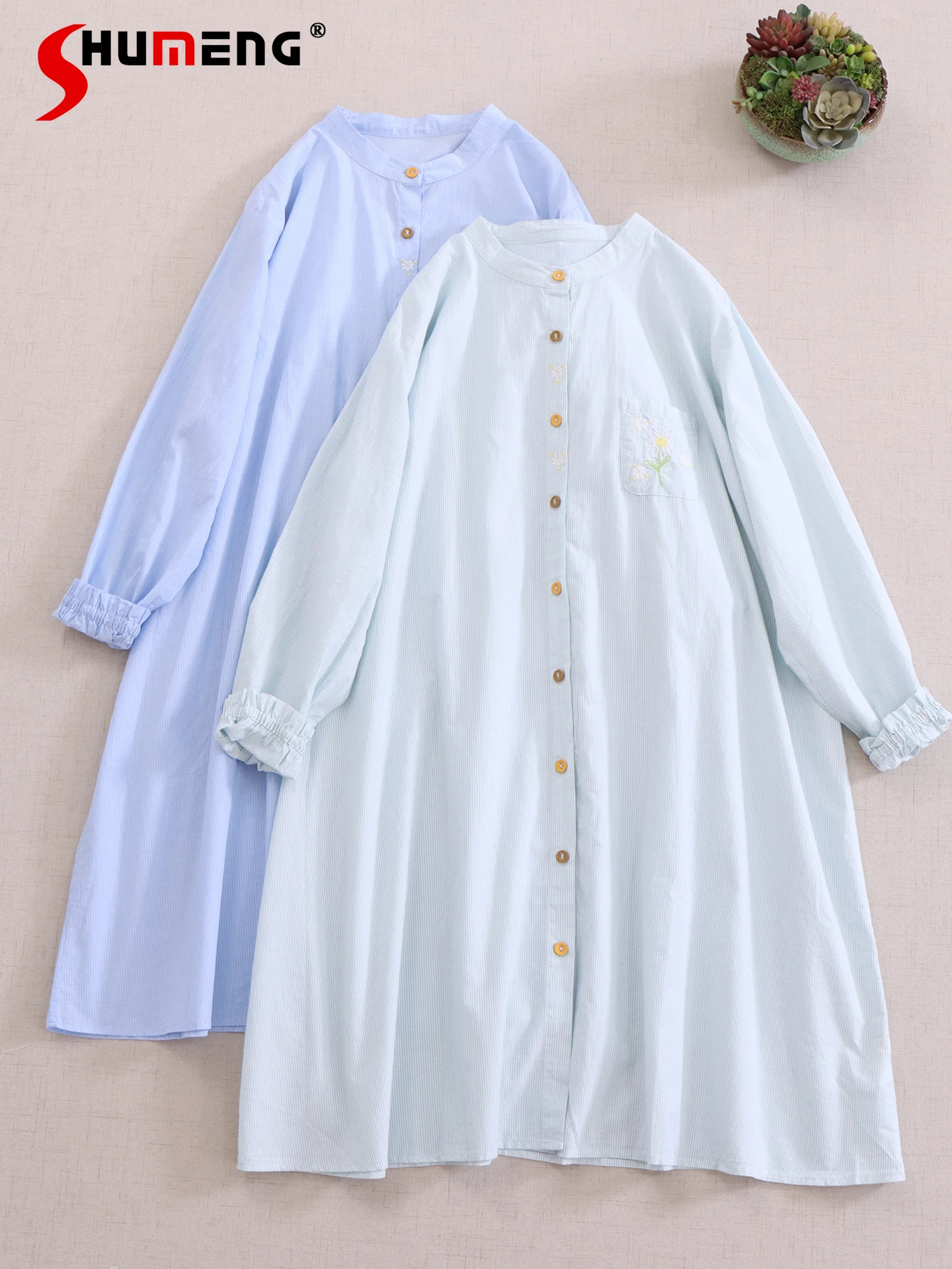 

Japanese Sweet Mori Girl Style Round Neck Puff Sleeve Single-Breasted Embroidered Striped Loose Casual Long Dress Women Summer