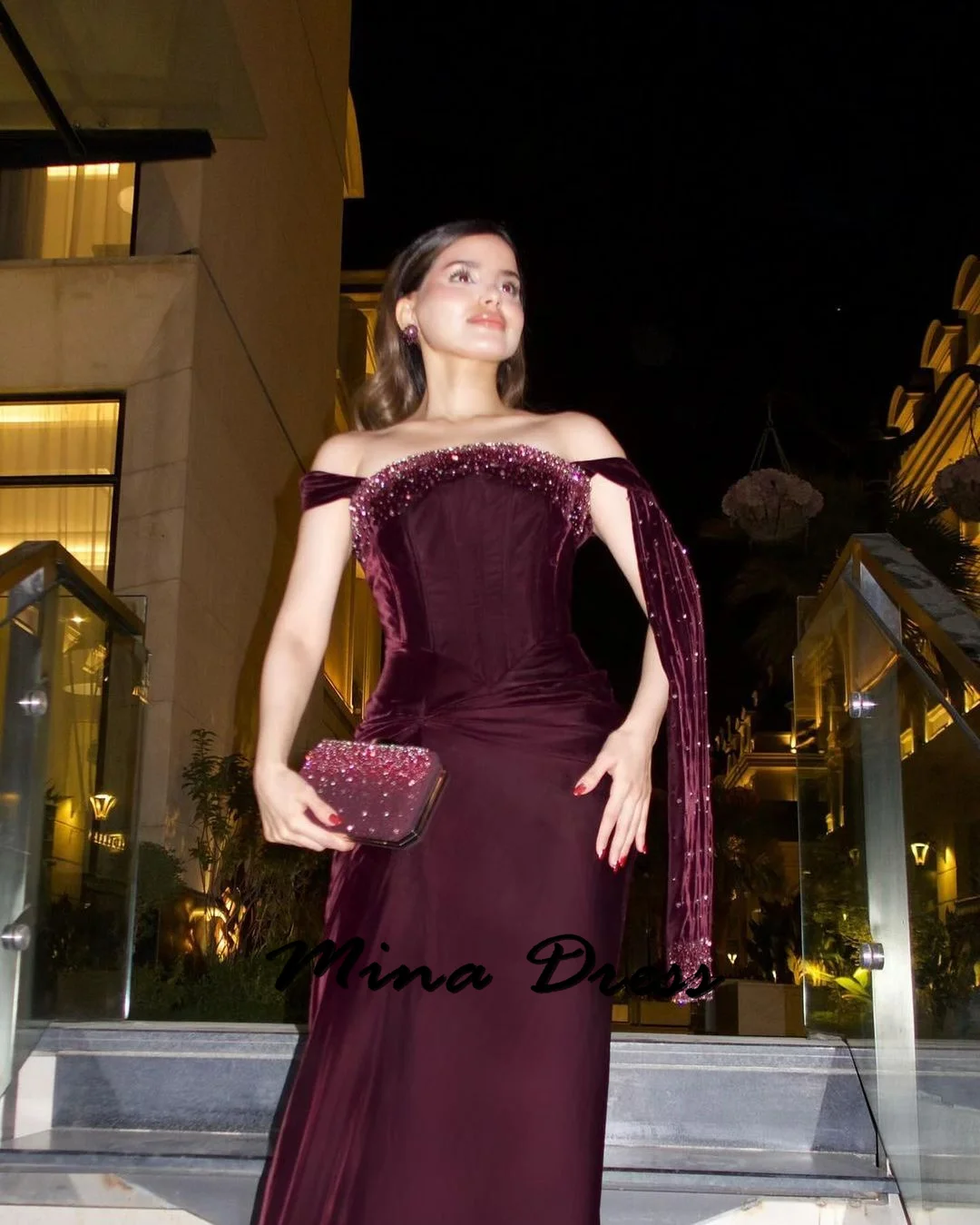 Mina personalizado veludo luxuoso vestidos de noite femininos para ocasiões especiais sem costas fita contas sem alças lantejoulas festa